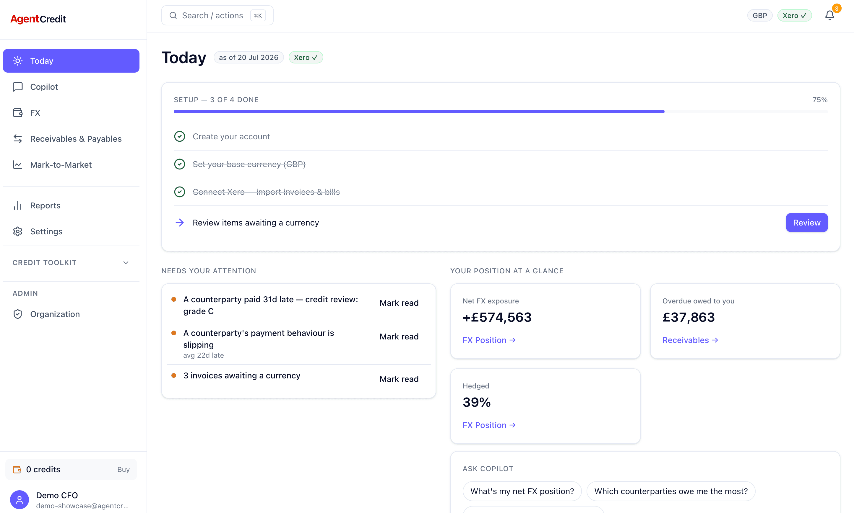 AgentCredit Today dashboard — net FX exposure, overdue receivables, and alerts for a demo org